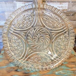 1950's Vintage Cut Glass Round Stars And Bars Round Cake Plate